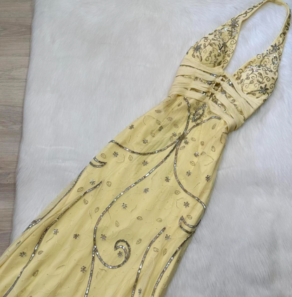 Vintage Halter Sheath Chiffon Beaded Long Prom Dress Backless Yellow Formal Evening Dress ED04143