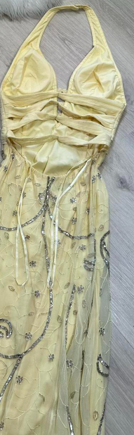 Halter Sheath Chiffon Beaded Long Prom Dress Backless Yellow Formal Evening Dress HZ1024