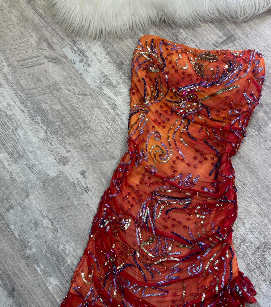 Vintage Strapless Sheath Chiffon Sequined Long Prom Dresses, Red Formal Evening Dresses ED04144