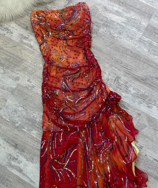 Vintage Strapless Sheath Chiffon Sequined Long Prom Dresses, Red Formal Evening Dresses ED04144