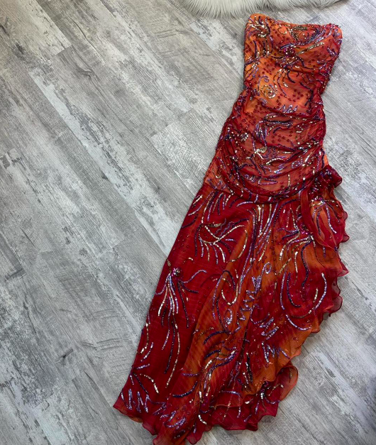 Vintage Strapless Sheath Chiffon Sequined Long Prom Dresses, Red Formal Evening Dresses ED04144