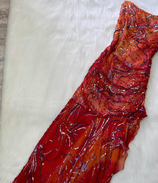 Vintage Strapless Sheath Chiffon Sequined Long Prom Dresses, Red Formal Evening Dresses ED04144