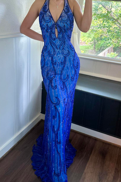 Vintage Halter Sheath Chiffon Beaded Long Prom Dresses Elegant Blue Formal Evening Dresses ED04145