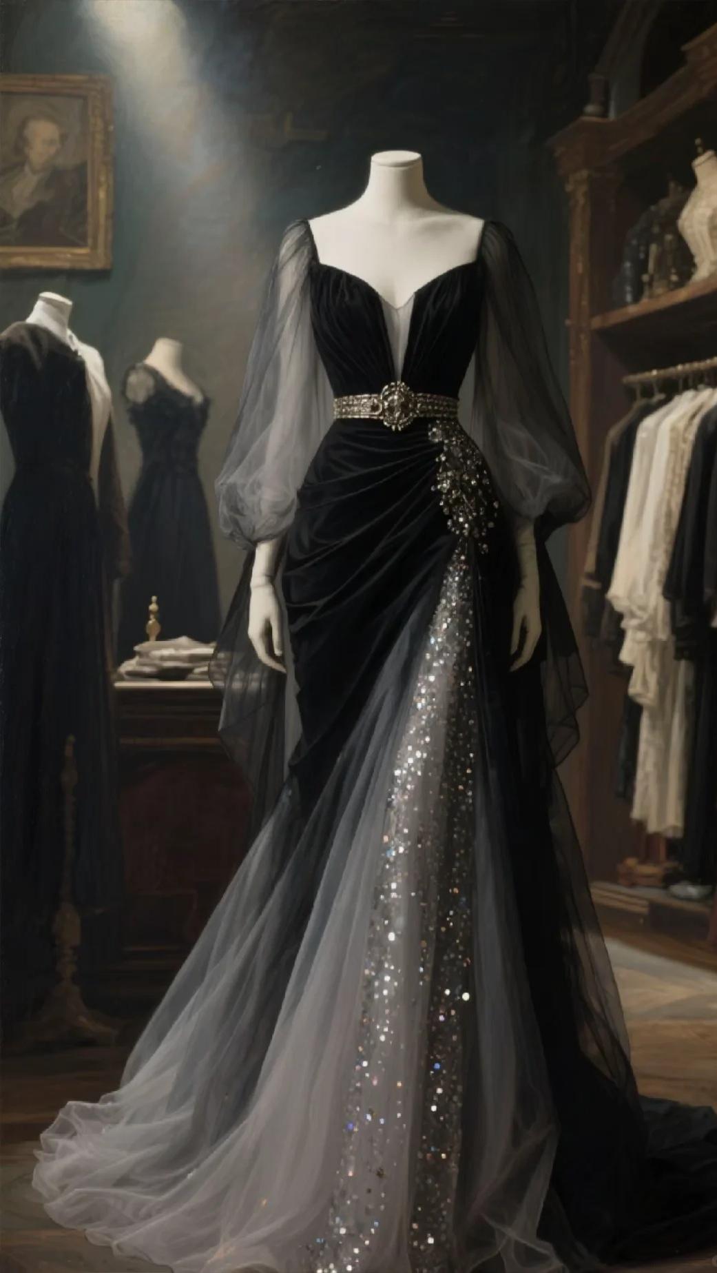 Elegant V-neck Mermaid Tulle Sequin Long Prom Dress Black Formal Evening Dress ED04146