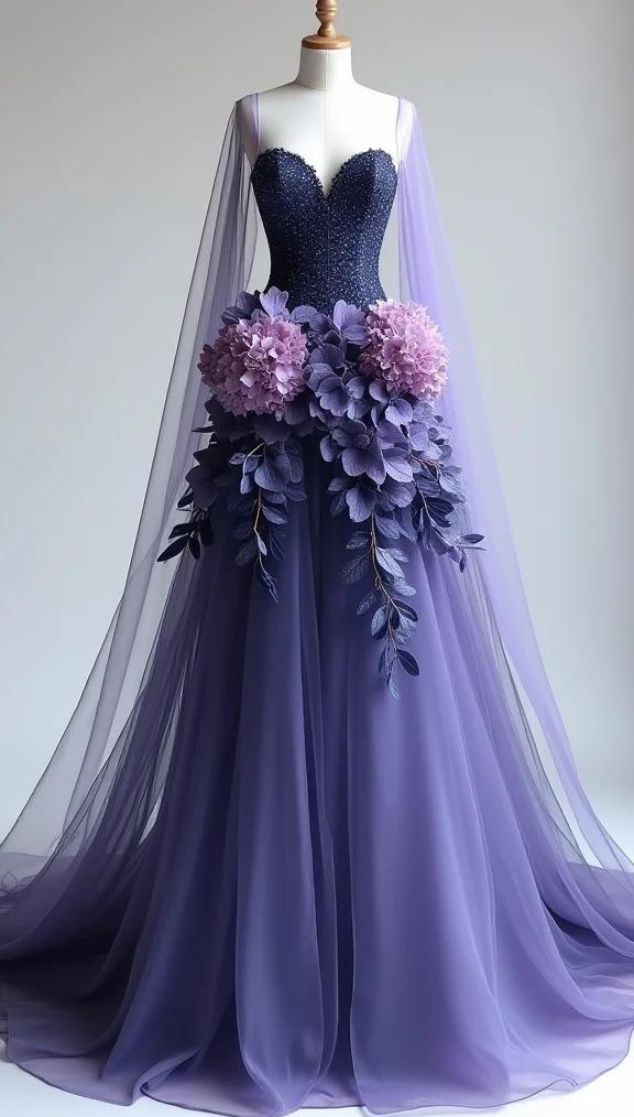 Fairy Sweetheart Neck Ball Gown Chiffon Applique Long Prom Dresses Purple Birthday Dresses ED04148