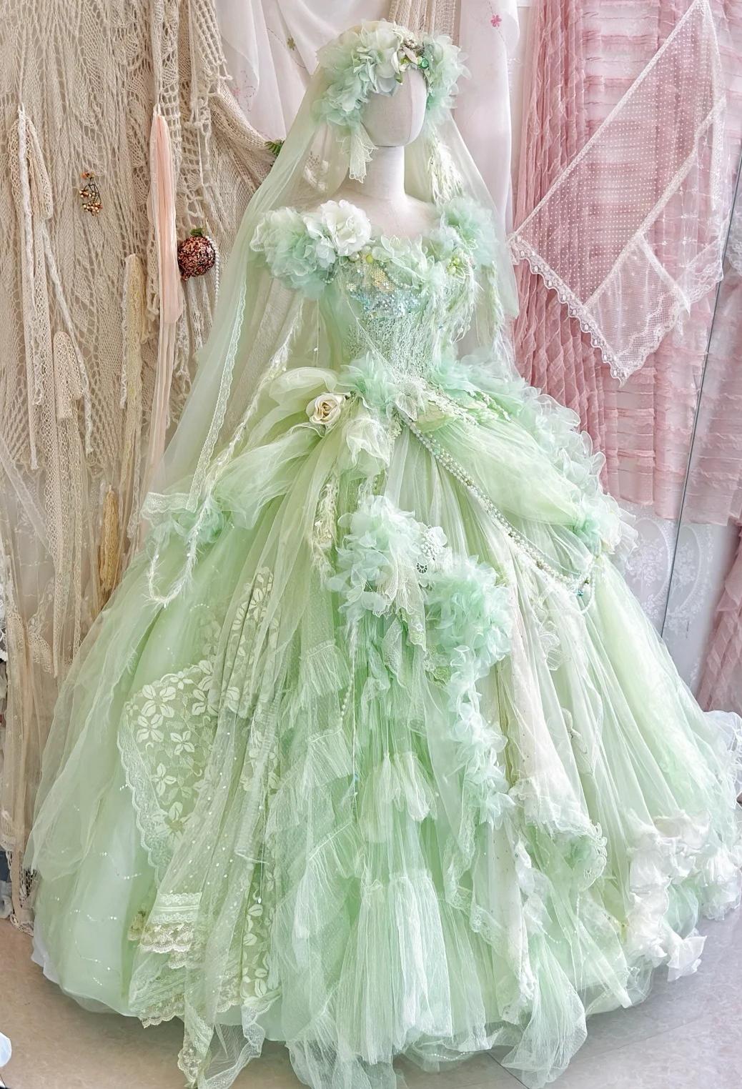 Fairy V-neck Ball Gown Tulle Applique Long Prom Dresses Green Sweet 16 Dress ED04149