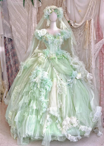 Fairy V-neck Ball Gown Tulle Applique Long Prom Dresses Green Sweet 16 Dress ED04149