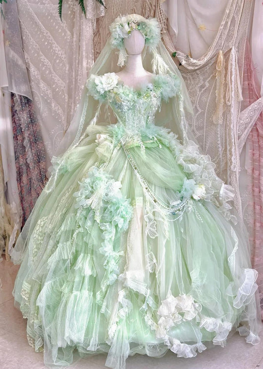 Fairy V-neck Ball Gown Tulle Applique Long Prom Dresses Green Sweet 16 Dress ED04149