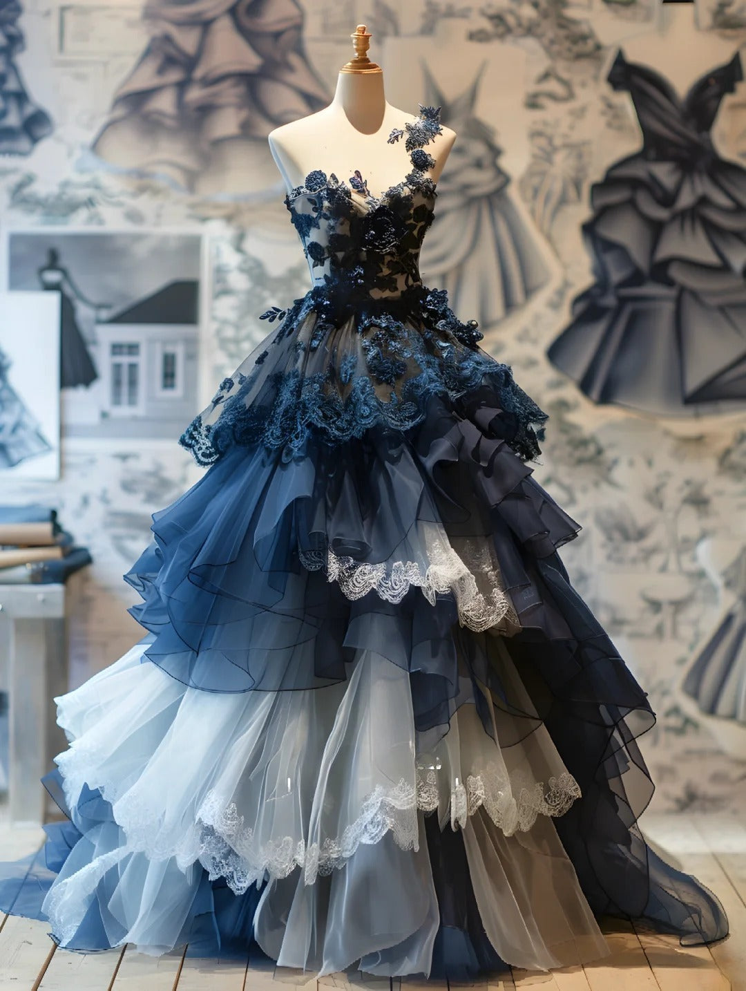 Fairy One Shoulder Ball Gown Tulle Lace Applique Long Prom Dresses, Navy Sweet 16 Dress ED04150