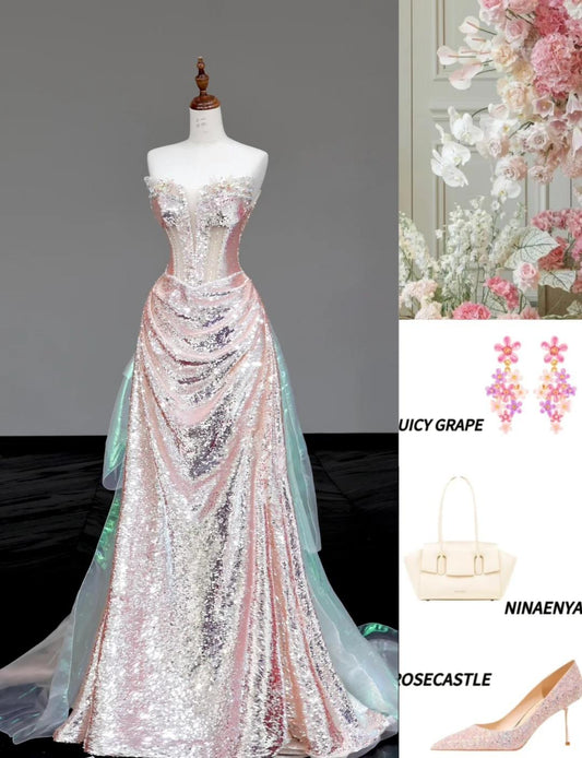 Elegant Strapless Sheath Sequined Long Prom Dresses Pink Sweet 16 Dress ED04152