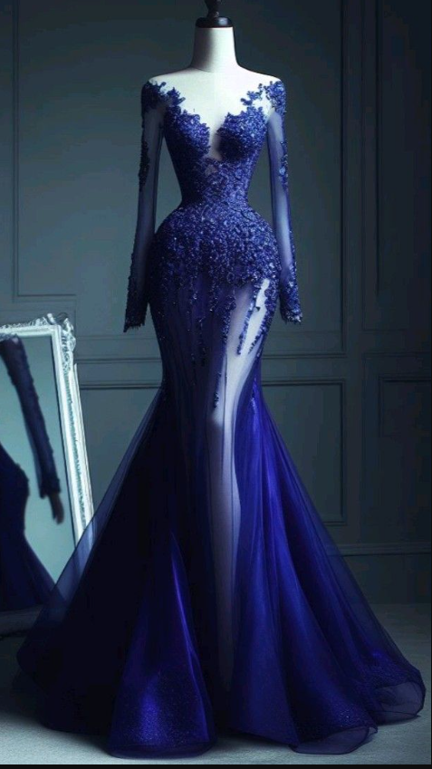 Elegant V-neck Mermaid Tulle Applique Long Prom Dresses Royal Blue Formal Evening Dresses ED04155