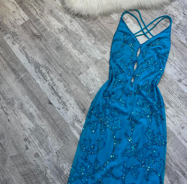 Elegant Sheath V-neck Chiffon Beaded Long Prom Dresses Blue Formal Evening Gowns ED04158