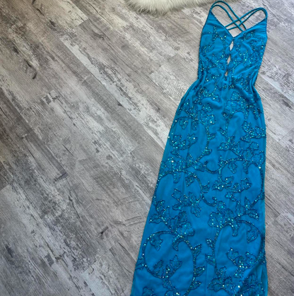 Elegant Sheath V-neck Chiffon Beaded Long Prom Dresses Blue Formal Evening Gowns ED04158