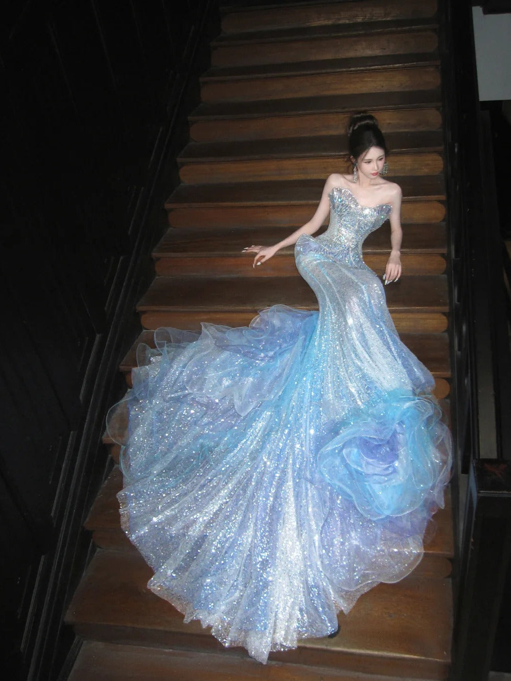Sparkly Mermaid Tulle Sequin Long Prom Dresses Strapless Wedding Dress ED04157