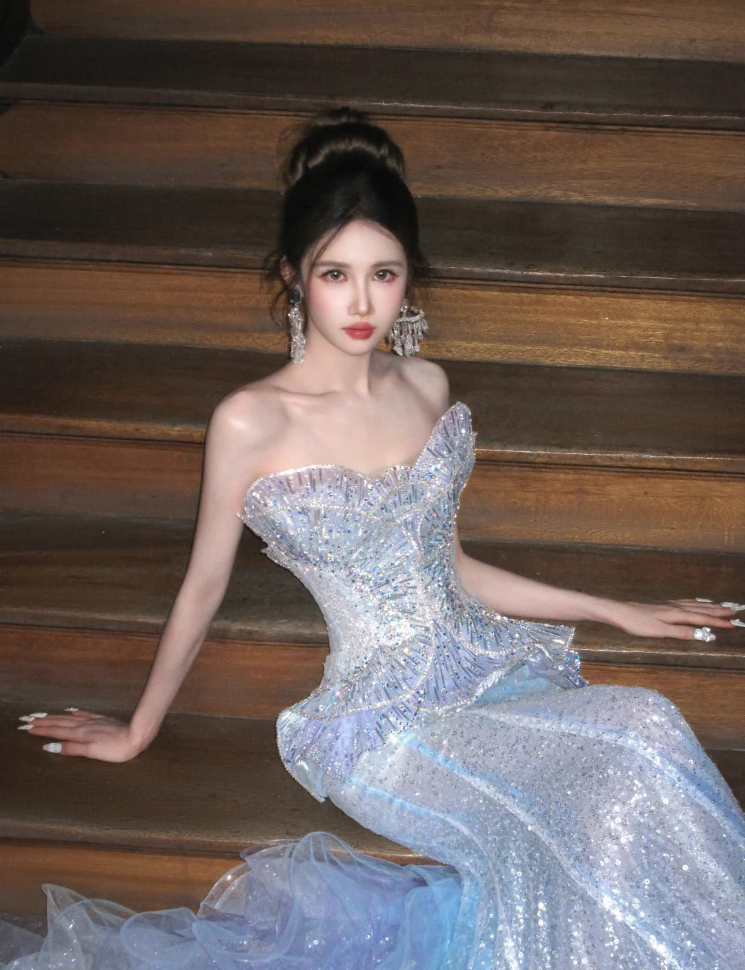 Sparkly Mermaid Tulle Sequin Long Prom Dresses Strapless Wedding Dress ED04157
