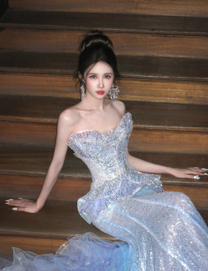 Sparkly Mermaid Tulle Sequin Long Prom Dresses Strapless Wedding Dress ED04157