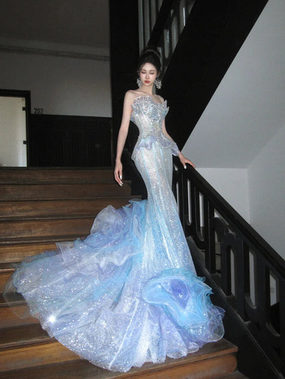 Sparkly Mermaid Tulle Sequin Long Prom Dresses Strapless Wedding Dress ED04157