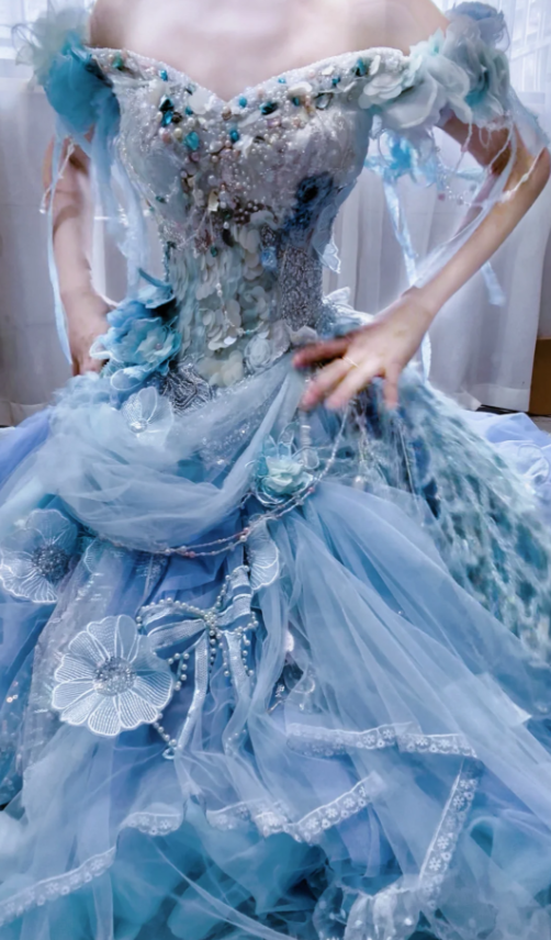 Ball Gown Off-the-shoulder Tulle Beaded Long Prom Dresses Blue Birthday Dresses HZ1024