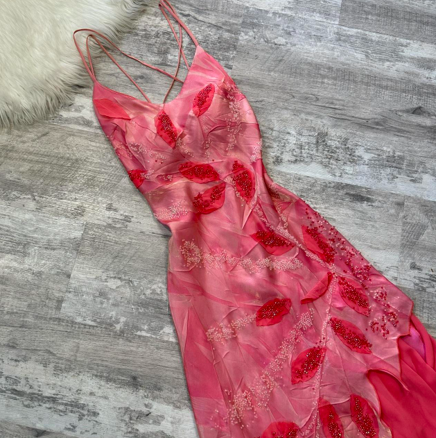 Vintage Sheath V-neck Long Prom Dresses Chiffon  Beaded Birthday Dresses Hot Pink Formal Evening Dresses ED04166