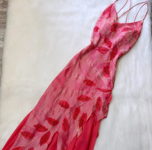 Vintage Sheath V-neck Long Prom Dresses Chiffon  Beaded Birthday Dresses Hot Pink Formal Evening Dresses ED04166