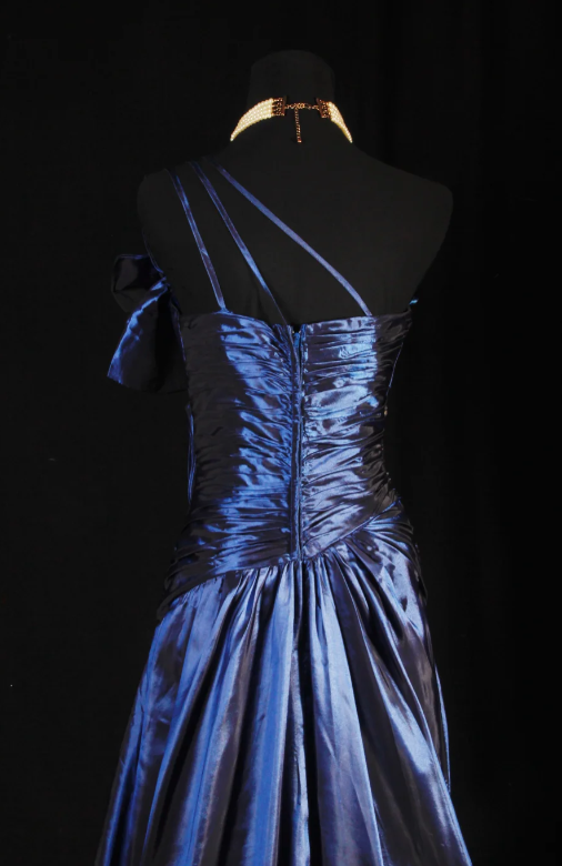 Vintage One-shoulder Sheath Satin Beaded Long Prom Dresses, Navy Blue Formal Evening Gowns ED04173
