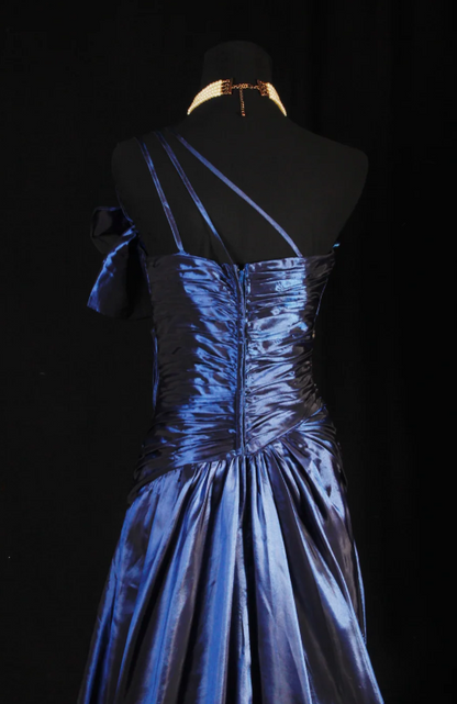 Vintage One-shoulder Sheath Satin Beaded Long Prom Dresses, Navy Blue Formal Evening Gowns ED04173