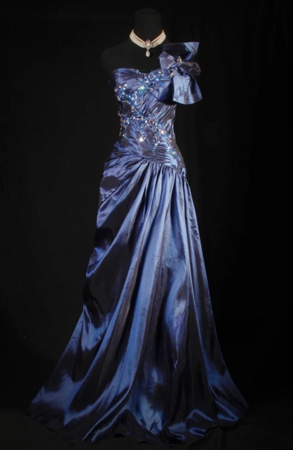 Vintage One-shoulder Sheath Satin Beaded Long Prom Dresses, Navy Blue Formal Evening Gowns ED04173
