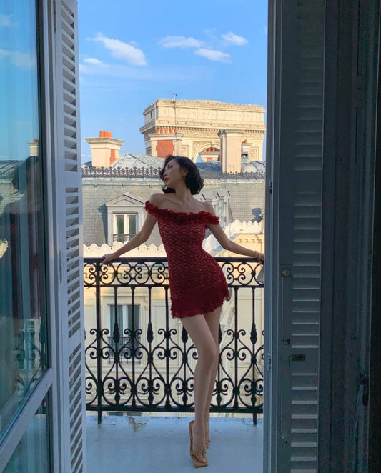 Bodycon Burgundy Birthday Dresses, Lace Homecoming Dresses, Off-the-shoulder Short Prom Dresses HZ1024
