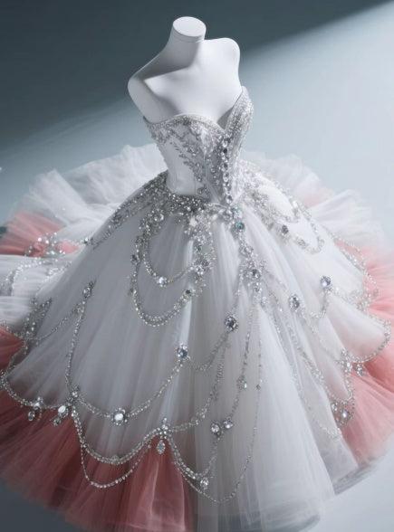 Fairy Sweetheart A-Line Tulle Long Prom Dresses with Diamonds, White Formal Evening Dresses ED04186