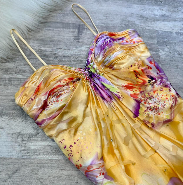 Spaghetti Strap Sheath Long Prom Dresses, Floral Silk Guest Dresses, Yellow Formal Evening Dresses HZ1024