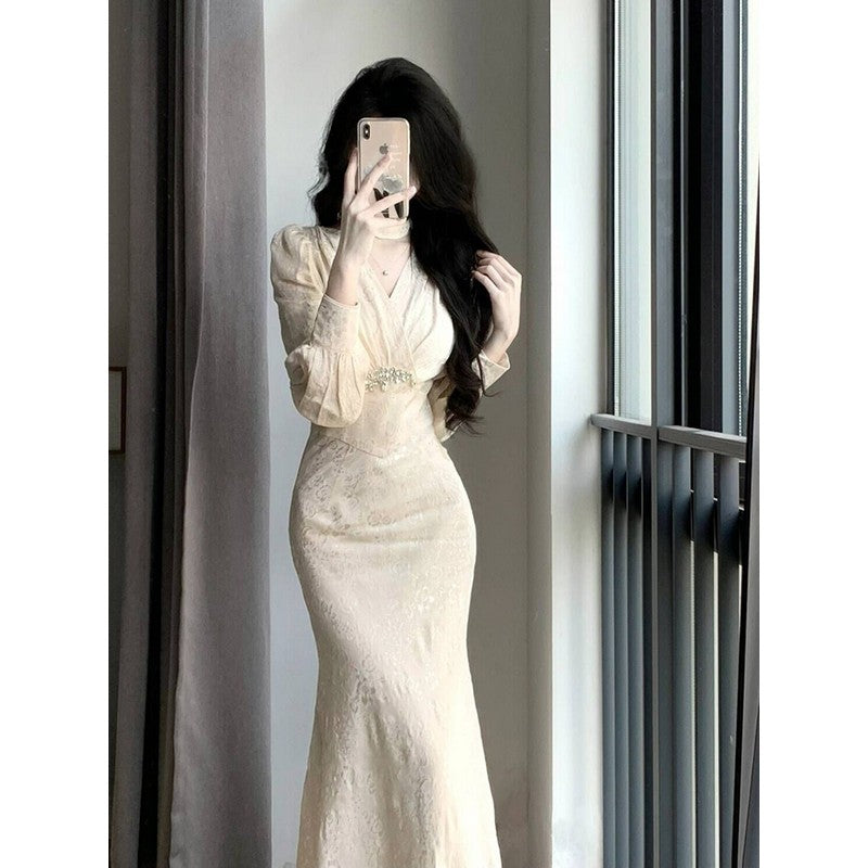 Chinese retro long-sleeved v-neck slim dress HZ1024