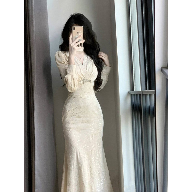 Chinese retro long-sleeved v-neck slim dress HZ1024