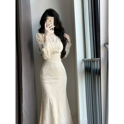 Chinese retro long-sleeved v-neck slim dress HZ1024