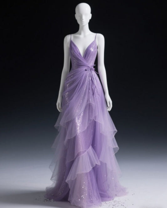 Gorgeous V-neck Sheath Long Prom Dresses, Tulle Sequin Purple Formal Evening Dresses ED04193