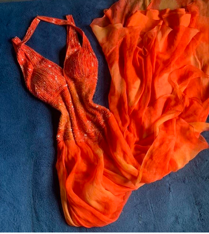 V-neck Sheath Beaded Long Prom Dresses, Orange Formal Evening Dresses HZ1024