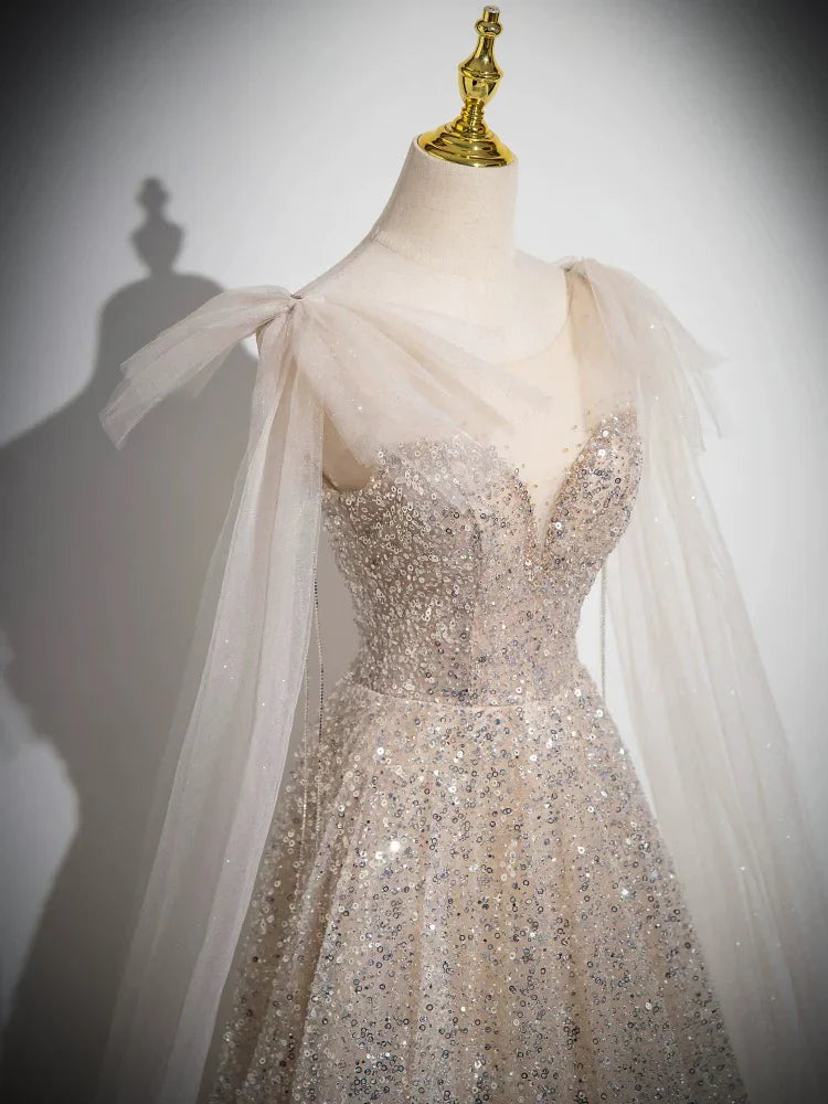 A-Line Scoop Neckline Tulle Champagne Long Prom Dress, Champagne Sequin Evening Dress ED042