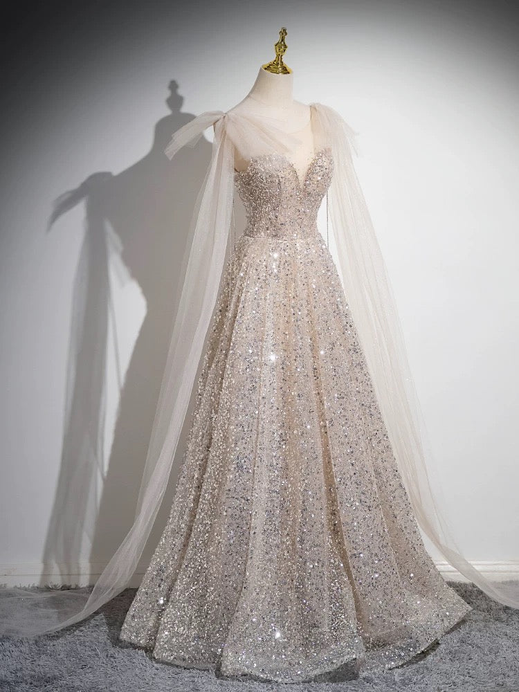 Scoop Neckline Tulle Champagne Long Prom Dress, Champagne Sequin Evening Dress HZ1024