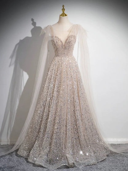 Scoop Neckline Tulle Champagne Long Prom Dress, Champagne Sequin Evening Dress HZ1024