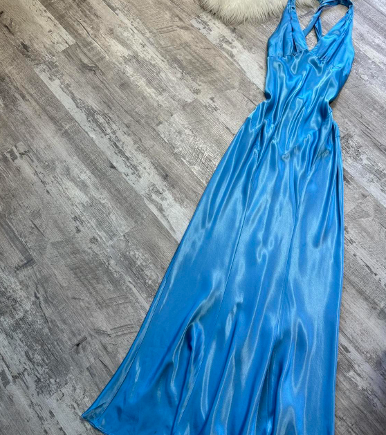 V-neck Sheath Satin Long Prom Dresses, Backelsss Blue Formal Evening Dresses HZ1024