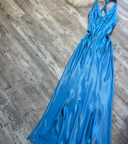 V-neck Sheath Satin Long Prom Dresses, Backelsss Blue Formal Evening Dresses HZ1024
