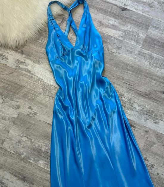 V-neck Sheath Satin Long Prom Dresses, Backelsss Blue Formal Evening Dresses HZ1024