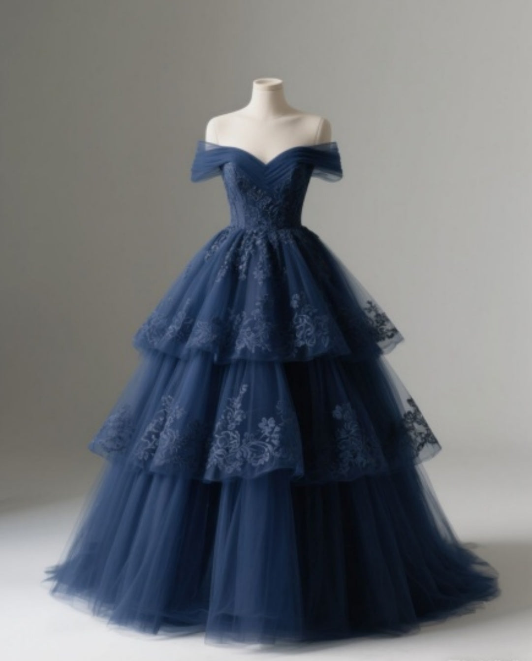 Classy Off-the-shoulder A-Line Tulle Applique Long Prom Dresses, Navy Blue Formal Evening Dresses ED04201
