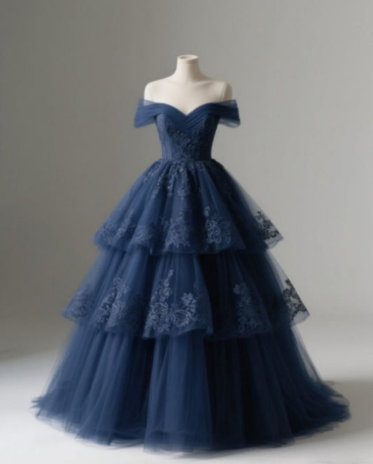 Classy Off-the-shoulder A-Line Tulle Applique Long Prom Dresses, Navy Blue Formal Evening Dresses ED04201