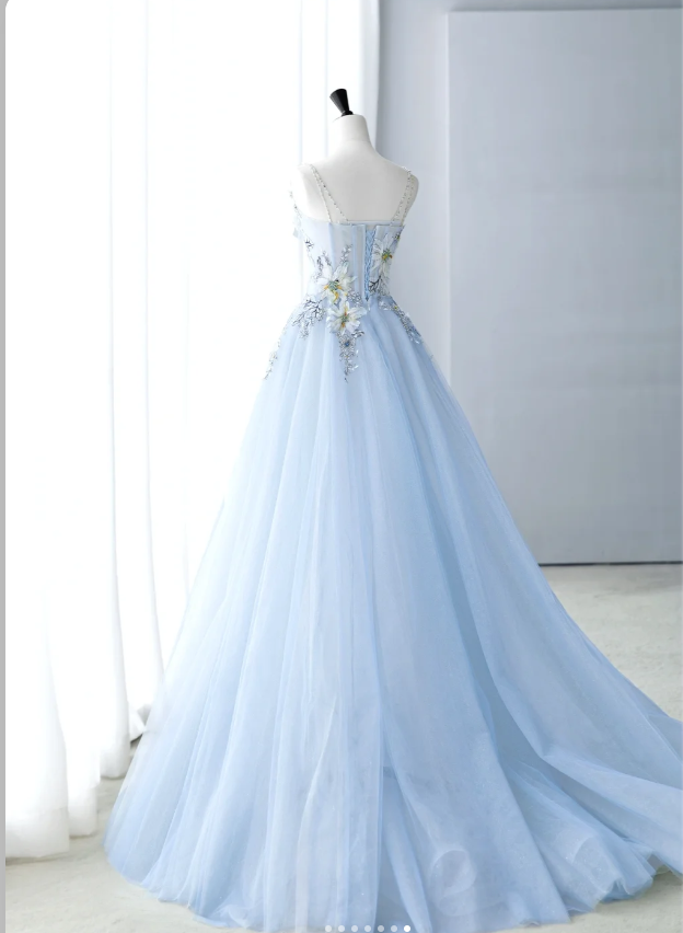 Spaghetti-strap A-Line Tulle Appliqu¨¦d Long Prom Dresses, Pale Blue Formal Evening Dresses HZ1024