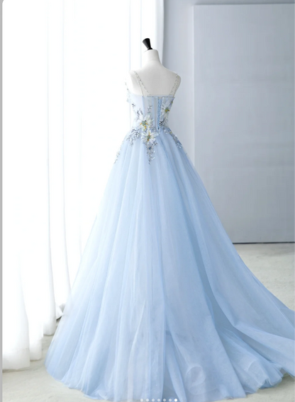 Spaghetti-strap A-Line Tulle Appliqu¨¦d Long Prom Dresses, Pale Blue Formal Evening Dresses HZ1024