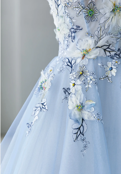 Spaghetti-strap A-Line Tulle Appliqu¨¦d Long Prom Dresses, Pale Blue Formal Evening Dresses HZ1024