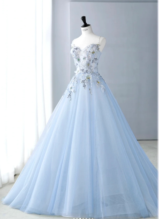 Classy Spaghetti-strap A-Line Tulle Appliquéd Long Prom Dresses, Pale Blue Formal Evening Dresses ED04202