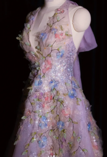Fairy V-neck A-Line Tulle Applique Long Prom Dresses, Light Purple Formal Evening Dresses ED04206