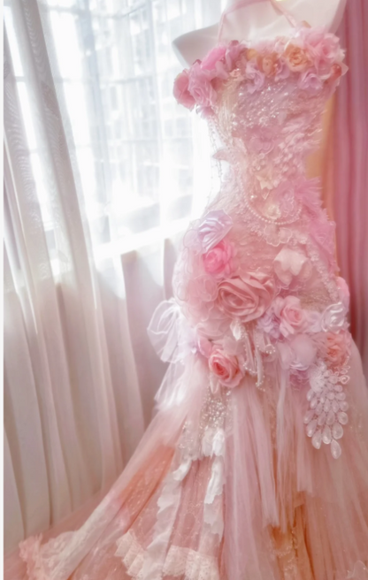 Fairy Halter Mermaid Tulle Applique Long Prom Dresses, Pink Formal Evening Dresses ED04209