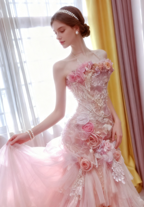 Fairy Halter Mermaid Tulle Applique Long Prom Dresses, Pink Formal Evening Dresses ED04209